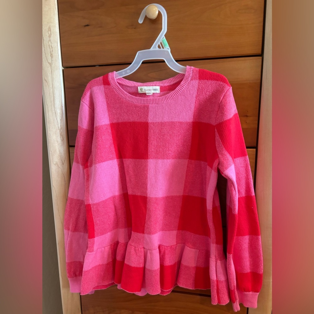 Girls’ pink & red checked ruffle sweater
